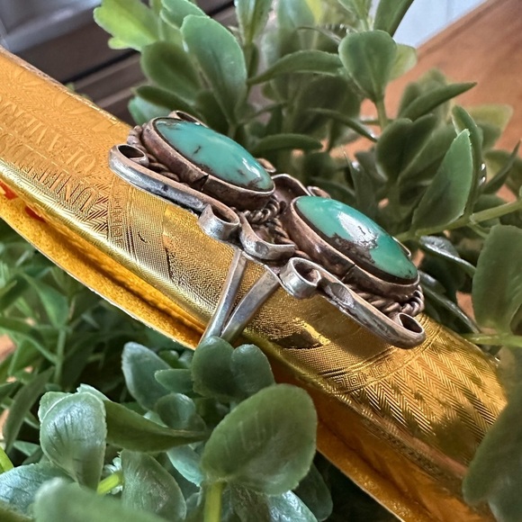 Vintage Sterling Silver Turquoise Double Stone Knuckle Buster Ring NA Size: 8 - Picture 7 of 10